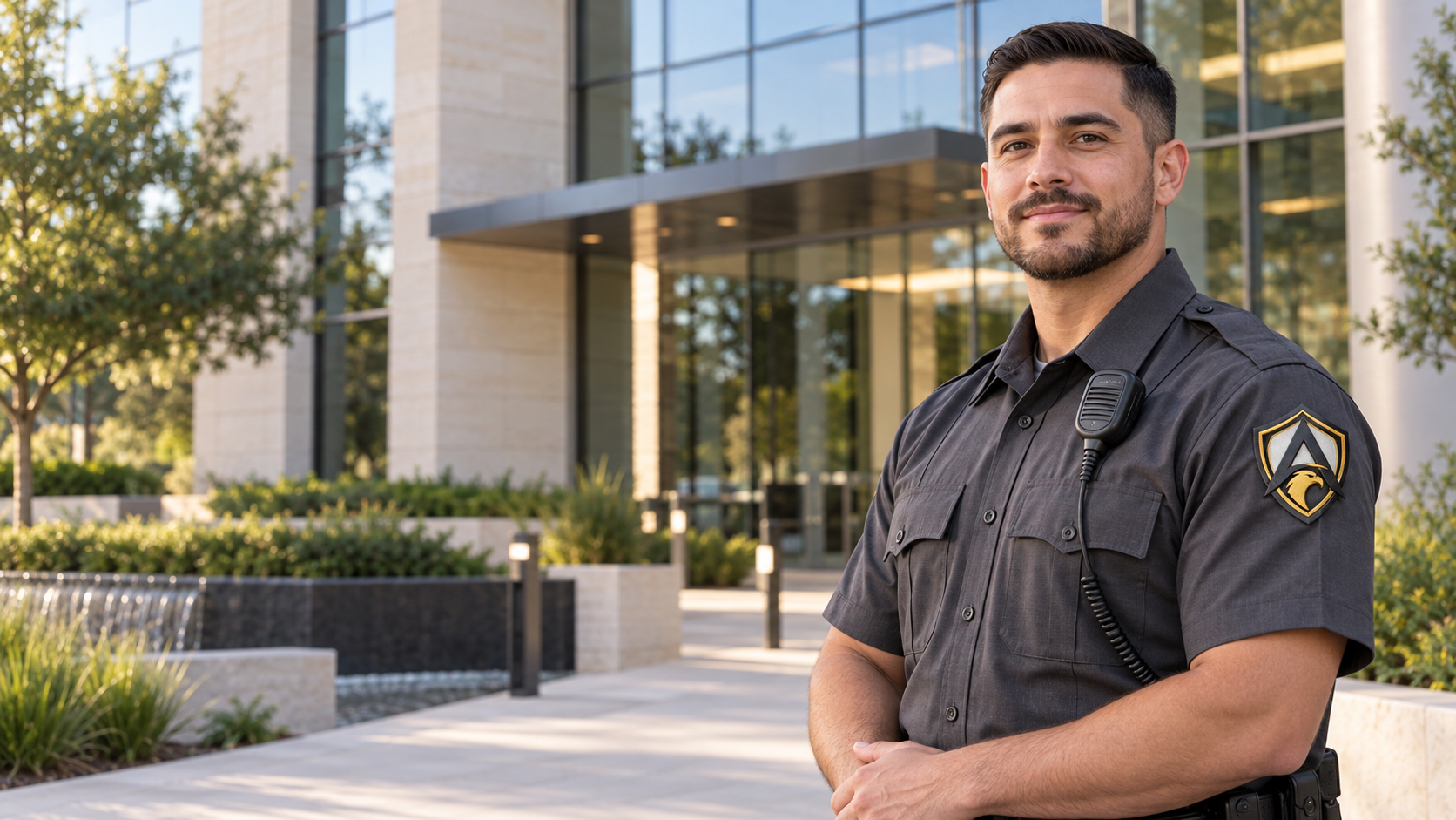 Professional security officer outside a modern commercial property